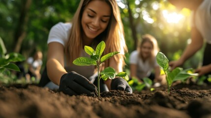 Young woman planting a tree in the nature with a group of people around her. Generative AI