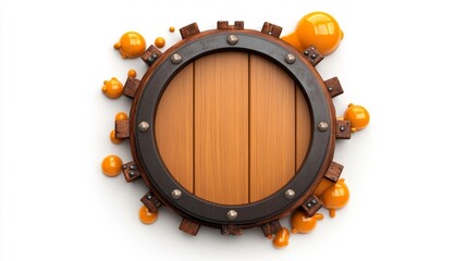 Naklejka premium Wooden Barrel with Orange Liquid Drops on White Background. Generative AI