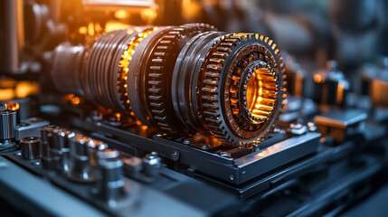 Engine with gearbox system disassembly and repair process, highlighting parts and machinery in a bright modern setting, symbolizing technical precision and mechanical work