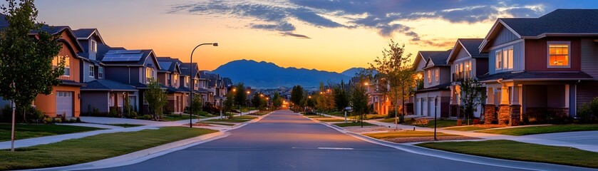 Fototapeta premium A serene suburban street at sunset, showcasing charming homes lined along a peaceful road