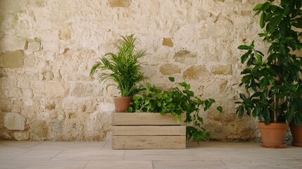 Plants on Wooden Boxes Against Stone Wall