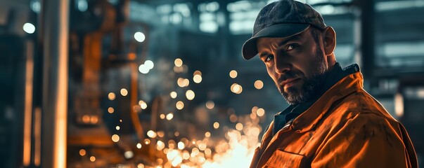 Obraz premium A skilled worker in an industrial environment, wearing protective gear and focused on his task. The scene is filled with sparks, illustrating the intensity of the work involved.