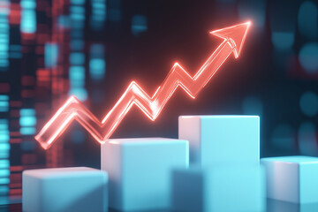 Rise up glowing arrow, volatility index chart on white blocks business chart steps on dark blue background.