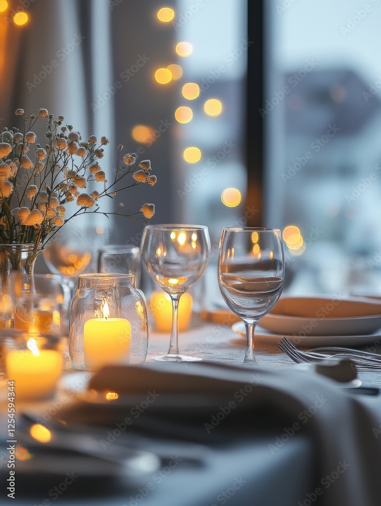 Poster festive dining table adorned with elegant tableware and glowing candles for a delightful evening gat