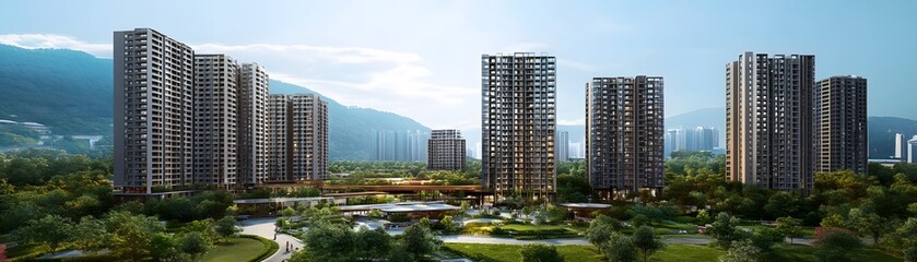 Fototapeta premium A stunning view of modern skyscrapers nestled among lush greenery, showcasing a blend of nature and urban living in a vibrant cityscape.