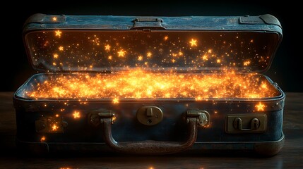 Obraz premium Elegant old suitcase brimming with mesmerizing glowing stars