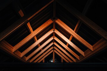 Wooden roof beams converging,  construction detail. Architecture background
