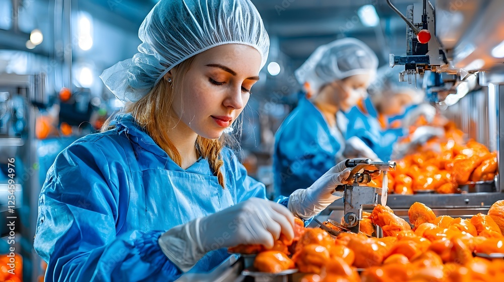 Aufkleber Meticulously organized chicken meat packaging process in a modern fully equipped factory setting  Rows of conveyor belts workers in sterile uniforms and state of the art machinery ensure a clean