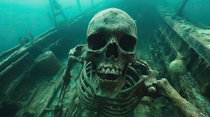 Underwater view of a human skeleton in a sunken ship, surrounded by marine life and debris