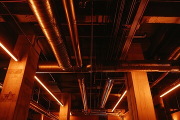 Naklejka premium Interior view of a warehouse ceiling with metal pipes and beams illuminated by neon lights