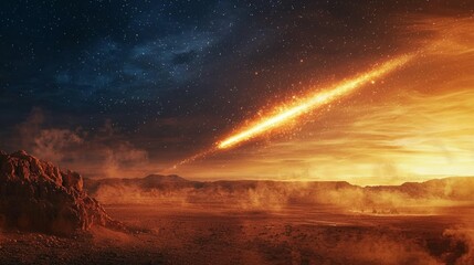 Fototapeta premium Fiery Meteor Shower Over a Barren Landscape at Dusk