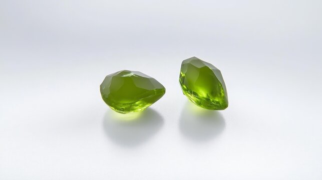 Two Sparkling Green Gemstones on White Background. Generative AI