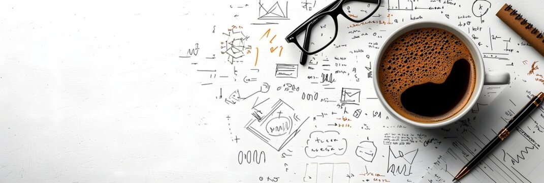 Minimalist desk setup with coffee laptop and startup notes highlighting the essential elements for an entrepreneurial work environment focused on creativity planning and innovation