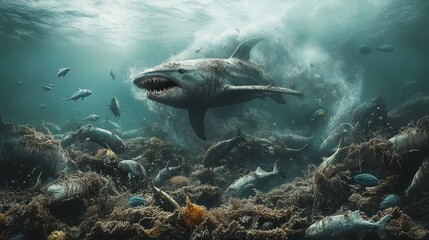 Obraz premium Shark hunting fish in ocean, underwater scene