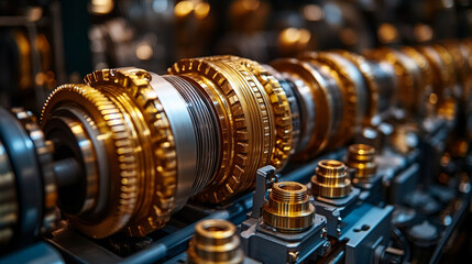 Obraz premium Engine with gearbox system disassembly and repair process, highlighting parts and machinery in a bright modern setting, symbolizing technical precision and mechanical work