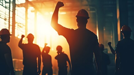 Fototapeta premium Silhouetted workers raise their fists in solidarity, celebrating teamwork and determination in a dynamic industrial environment. A powerful representation of unity and strength.