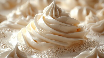 Close-up of creamy, swirled dessert topping on a smooth surface with soft bubbles, ideal for culinary use