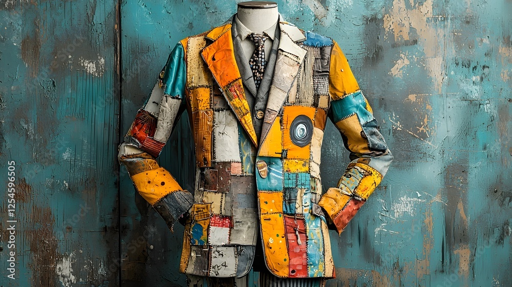 Poster Multicolored patchwork jacket with an eclectic and artsy vibe featuring a unique blend of vibrant patterns textures and colors for a one of a kind fashion statement
