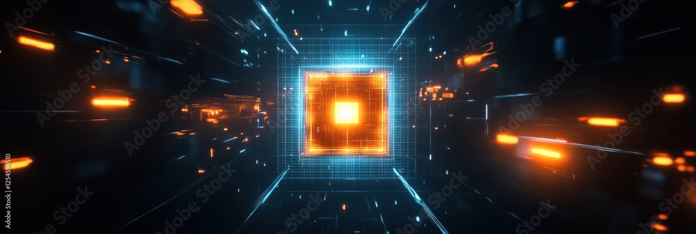 Leinwandbilder Illuminated microchip within a digital network showcasing vibrant orange and blue light effects and grid design. Generative AI