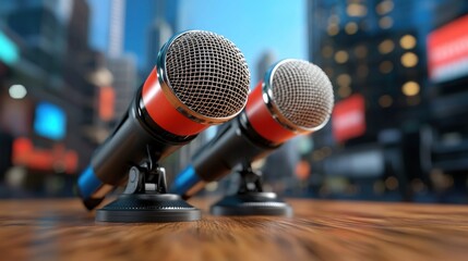 Two wireless microphones mounted on stands in a professional press conference or public speaking event setup with an urban city skyline in the background