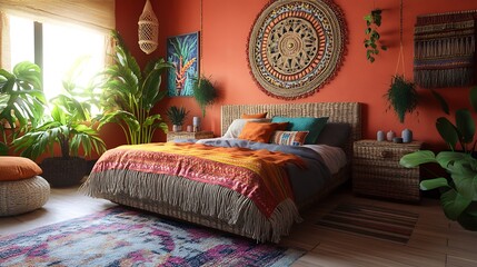 bohemian bedroom with vibrant textiles and woven furniture 