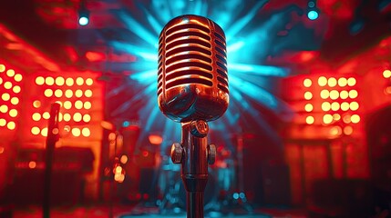 Vintage microphone in vibrant concert setting with colorful lights and energetic atmosphere