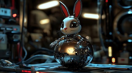 Mechanical Bunny in a Cyberpunk Workshop