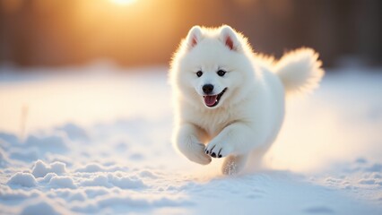 A fluffy Samoyed puppy races through fresh snow, its signature smile shining. The morning sun casts a golden glow, creating a perfect winter wonderland of joy and playfulness.
