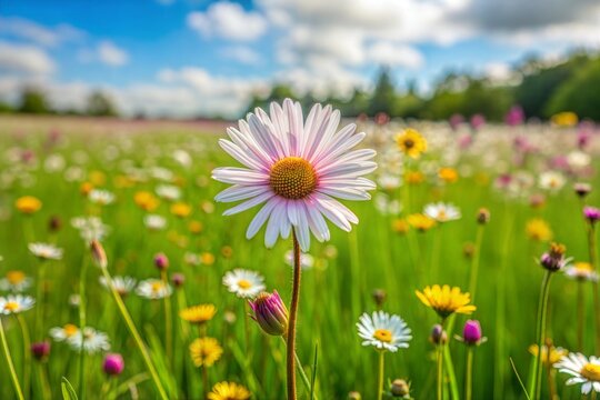 Single daisy standing out in wildflower field beautiful natural scene
