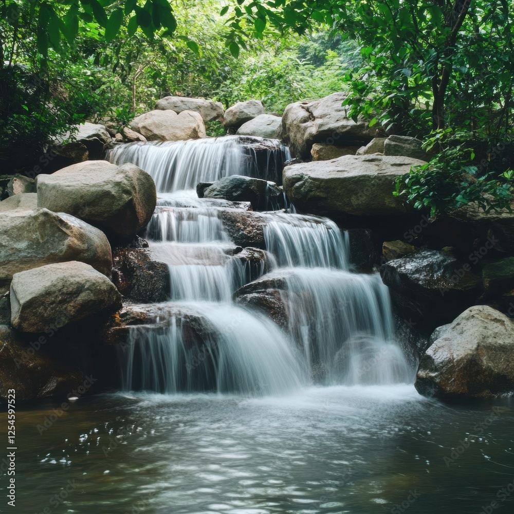Aufkleber serene waterfall cascading over rocks in a lush green forest during daylight hours. generative ai