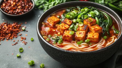 A vibrant bowl of spicy noodle soup with tofu and greens, garnished with scallions and chili flakes