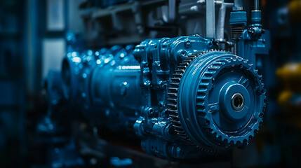 Fototapeta premium Engine with gearbox system disassembly and repair process, highlighting parts and machinery in a bright modern setting, symbolizing technical precision and mechanical work
