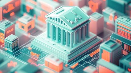 Fototapeta premium A futuristic cityscape featuring a prominent, stylized building with classical architecture, surrounded by smaller modern structures in vibrant colors.