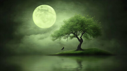Solitary Tree Moonlit Isle Illustration