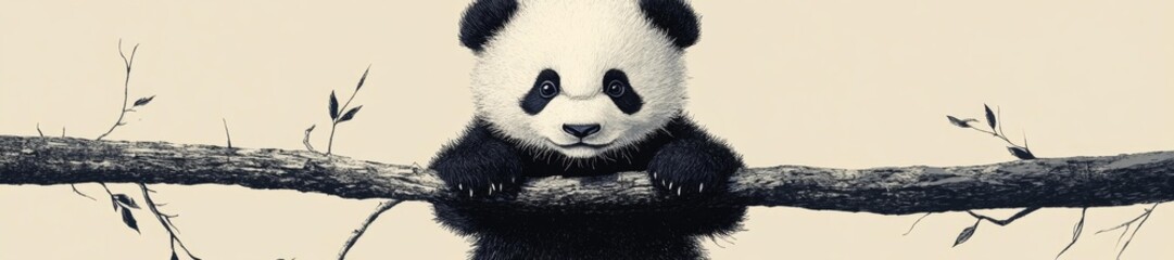 Fototapeta premium Adorable Panda Cub Climbing a Branch in Nature. Generative AI