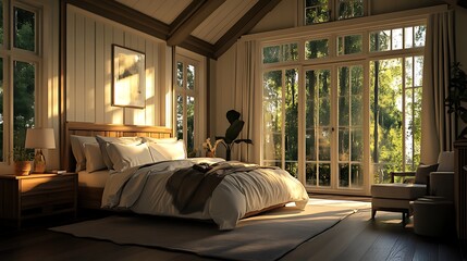 bedroom with king-size bed and large windows 