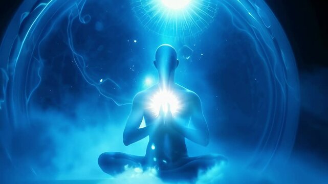 A glowing figure sits in deep meditation, surrounded by mystical blue energy, representing transcendence and spiritual awakening. The scene evokes inner peace, divine connection, and enlightenment