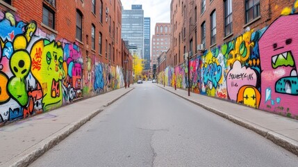 Naklejka premium Urban alleyway lined with colorful murals, paved road, city buildings in background, daylight, outdoor shot, urban environment, street art, city