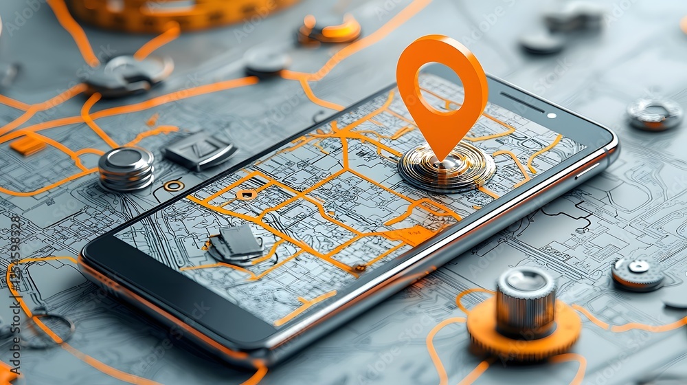 Aufkleber Overhead view of a modern smartphone device with a digital GPS map application open displaying a blinking location pin for navigation travel planning and purposes