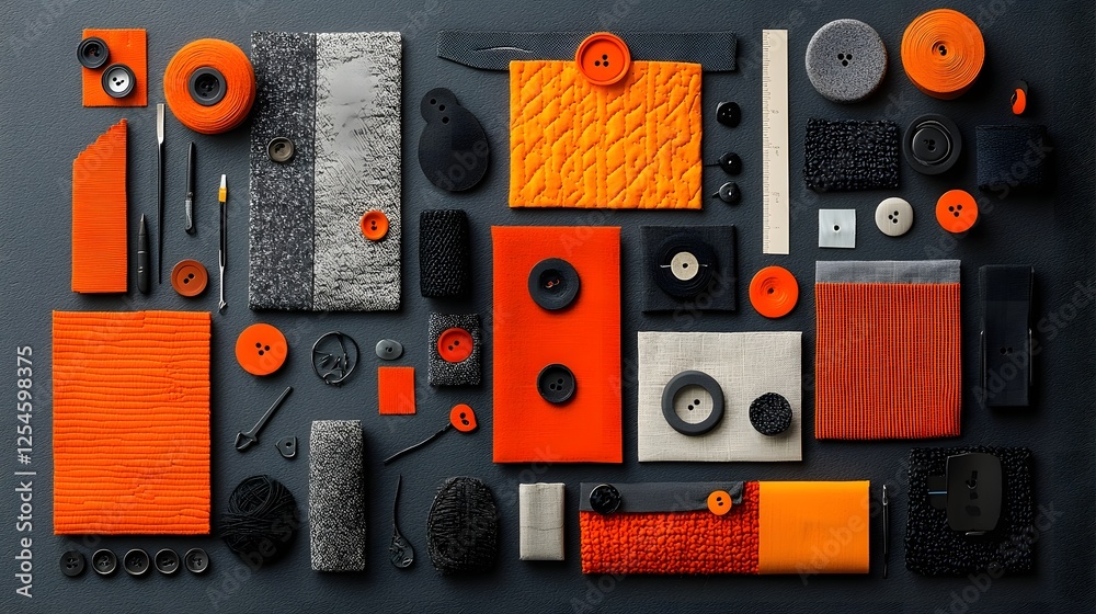 Aufkleber Overhead view of a creative mood board featuring various fabric samples buttons and color palettes  The composition showcases a minimalist and abstract arrangement of materials and textures