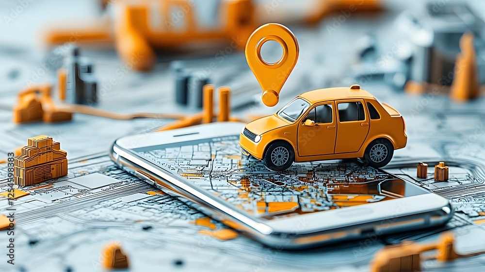 Aufkleber Overhead view of a smartphone screen displaying an open GPS map application with a blinking location pin representing the use of mobile technology for navigation travel planning