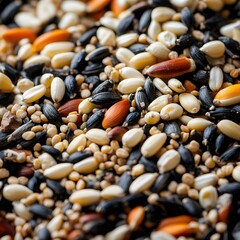  A close-up of a mix of bird seed, including black, white, and orange seeds. 