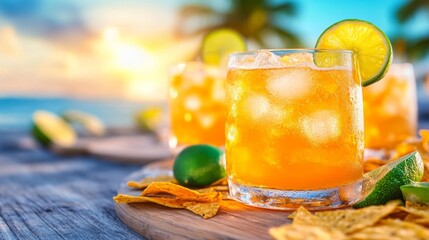 Tropical Drinks and Nachos on the Beach at Sunset. Generative AI