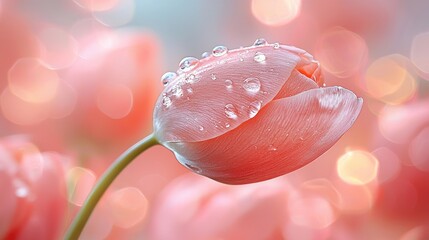 Delicate pink tulip adorned with dewdrops against a soft, blurred pastel background
