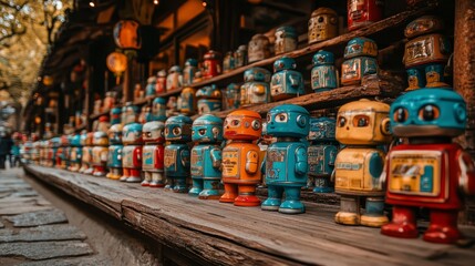 Fototapeta premium Colorful vintage toy robots lined up on wooden shelves outside in a street market setting, showcasing various colors and designs