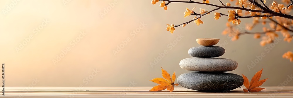 Aufkleber peaceful zen stones stack arrangement with autumn leaves on a soft gradient background symbolizing h