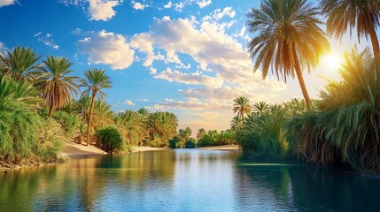 Obraz premium Oasis Serenity: Palm Trees and Sunset Reflection on Calm River