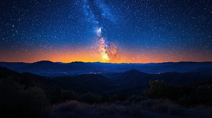 Stunning night sky with the Milky Way over a mountain landscape at twilight