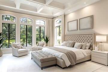 open-plan bedroom with large windows and neutral accents