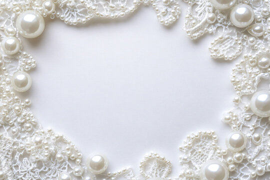 elegant white pearl and lace frame border background  for wedding or anniversary invitations